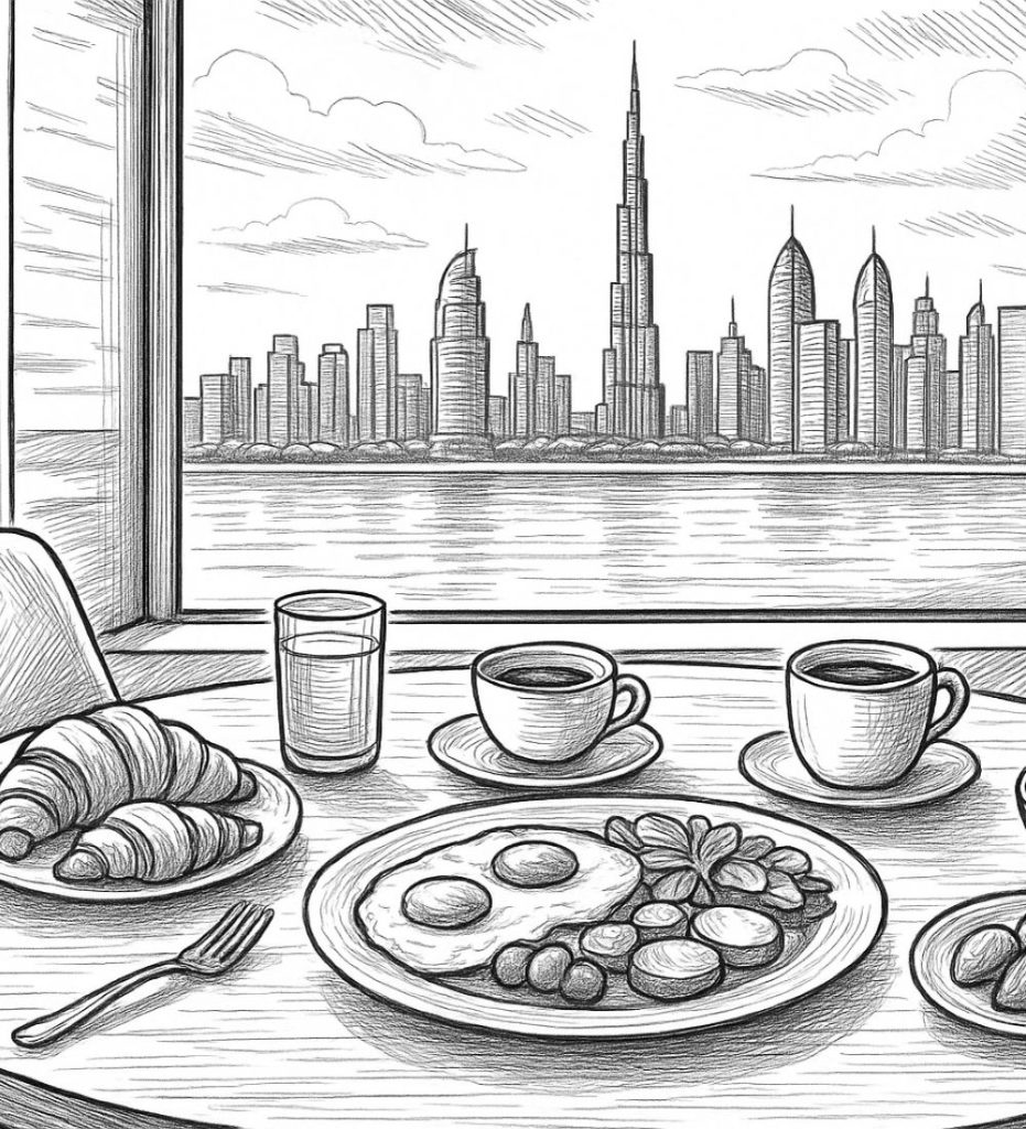 Aesthetic breakfast table by Dubai Marina skyline with pastries, coffee, and indoor plants.