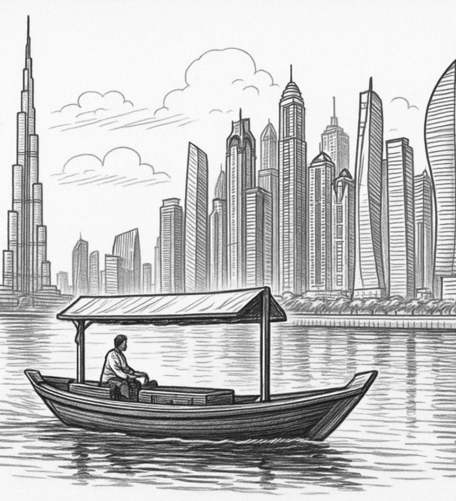 Traditional abra ride in Dubai Marina with modern skyline