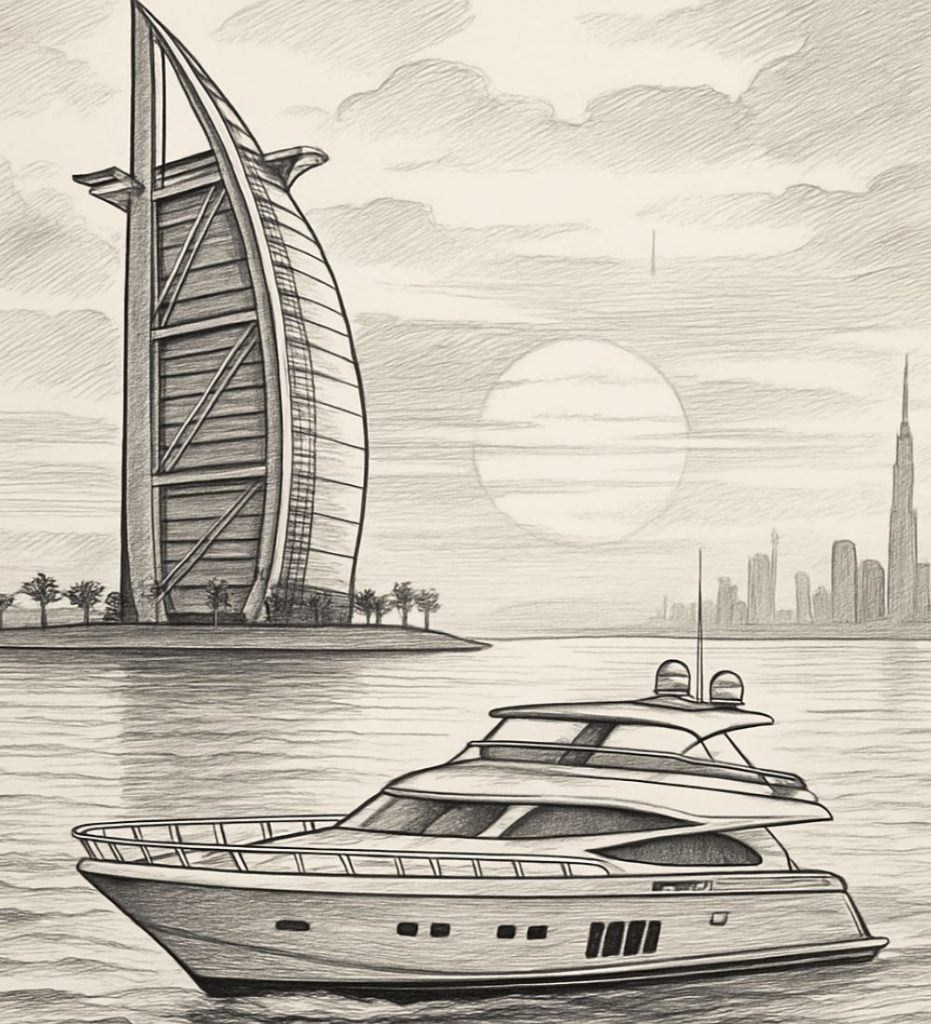 Ilustrated Dubai Marina skyline with iconic towers and sunset ambiance.