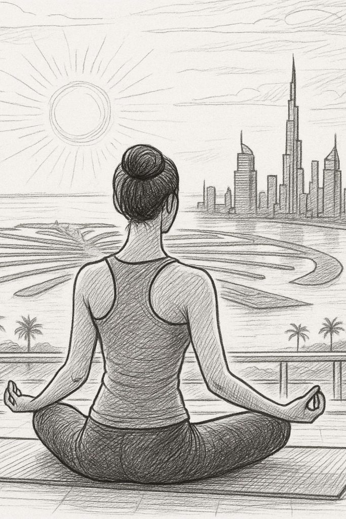 Morning yoga with Dubai Marina skyline view over the Palm Jumeirah.