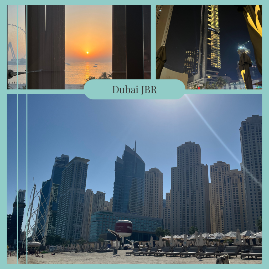 JBR beach at sunset with the iconic FIVE JBR towers in the background, capturing Dubai's vibrant waterfront lifestyle