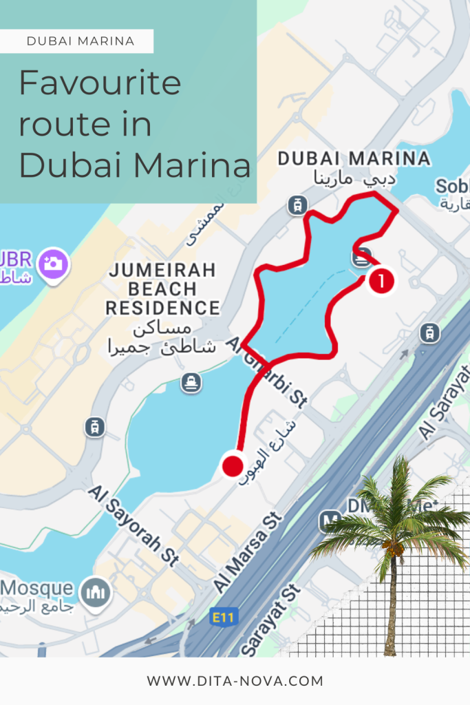 Map of my favorite walking route in Dubai Marina, showing the walkable distance from the Dubai Metro to Marina Walk – perfect for a car free Dubai Marina lifestyle focused on convenience and walkability.