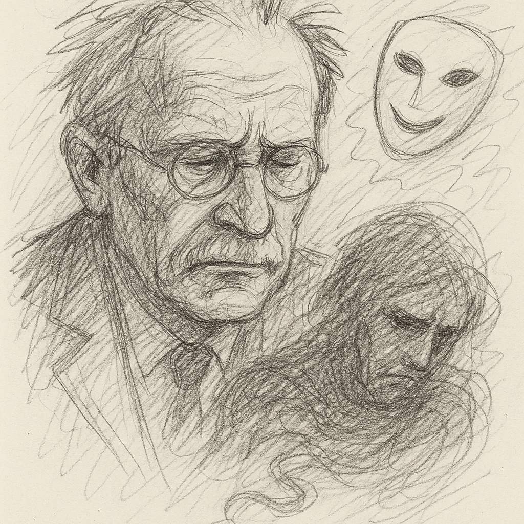 Expressive pencil sketch illustrating themes from Carl Jung's philosophy, featuring a thoughtful man resembling Jung, a theatrical mask symbolizing the persona, and a shadowy figure representing the unconscious—perfect visual for an article on carl-jung-quotes-about-life.
