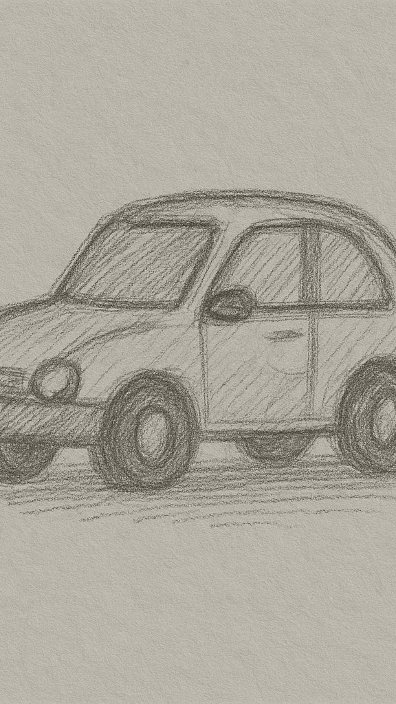 Vintage cartoon car illustration in a drawing ideas sketchbook.

