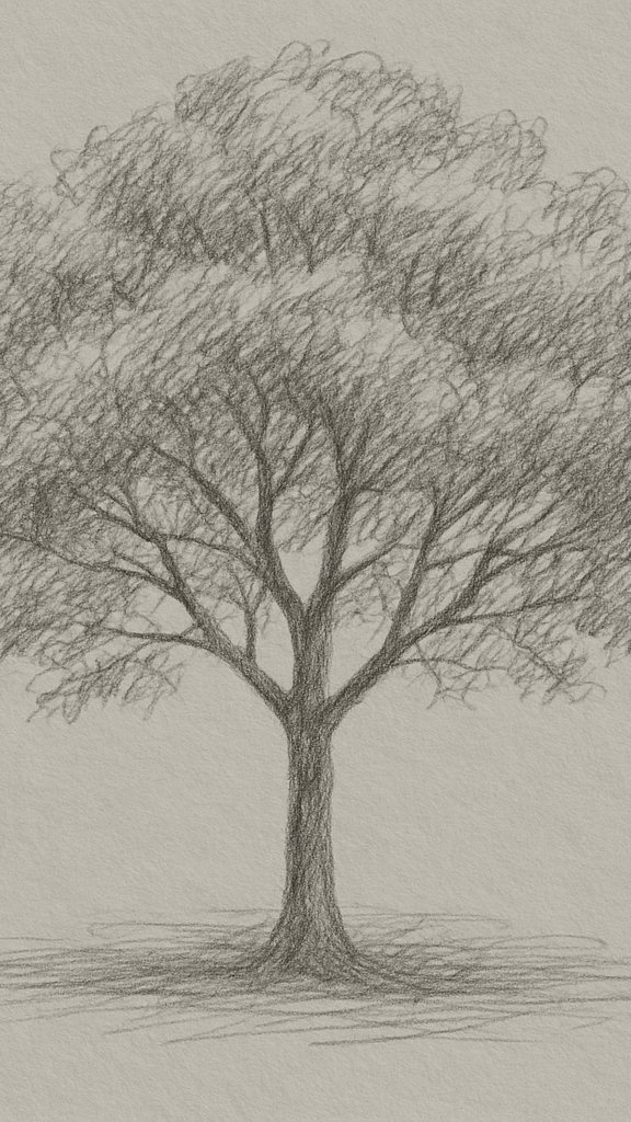 Bare winter tree silhouette in a drawing ideas sketchbook.
