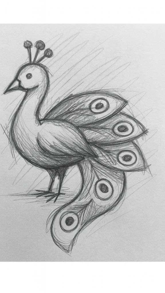 Elegant peacock feathers drawn in a drawing ideas sketchbook.
