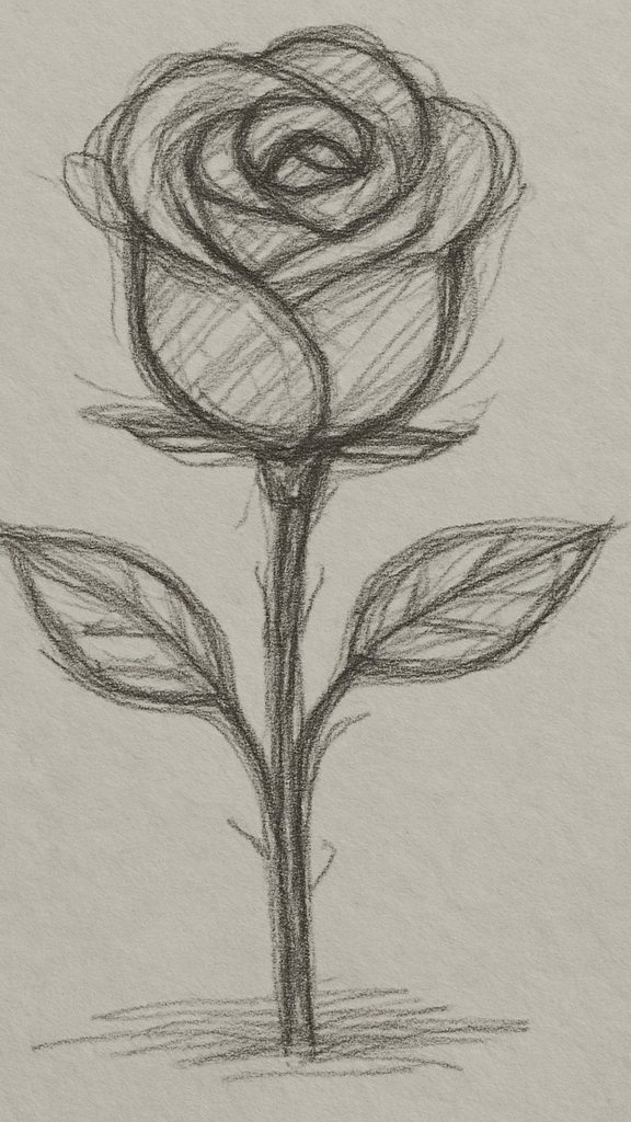 Spiral rose sketch featured in a drawing ideas sketchbook.

