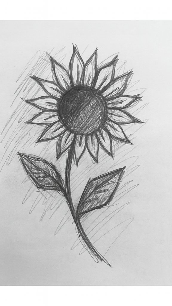 Bright sunflower with textured center in a drawing ideas sketchbook.
