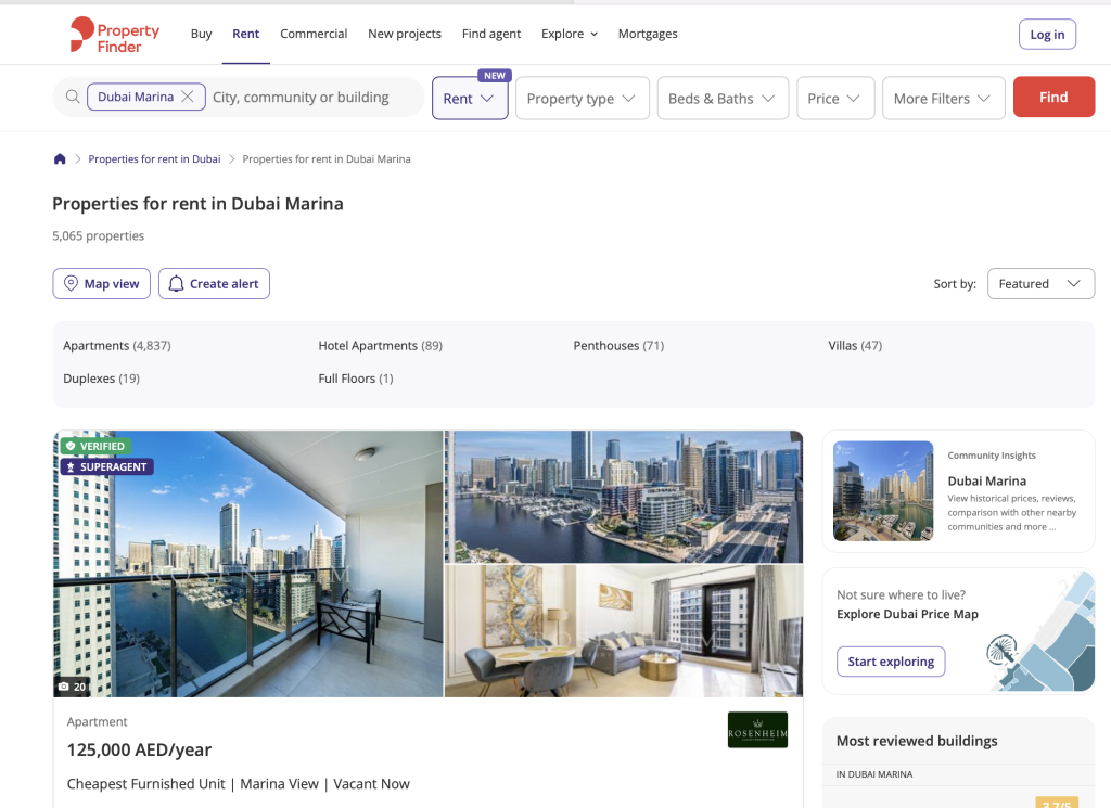  Screenshot of Property Finder website showing Dubai Marina apartment listings. Find out how to buy apartment in dubai marina.