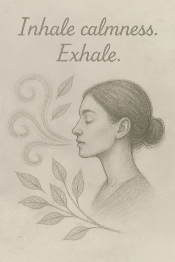 Side profile pencil sketch of a calm woman with her eyes closed, exhaling swirling breath. Floating leaves surround the quote ‘Inhale calmness. Exhale.’ — a favorite from yoga quotes Dubai Marina practitioners cherish during breathwork.