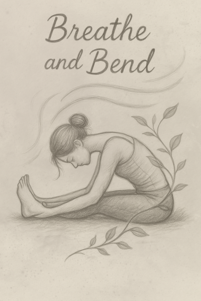 Pencil sketch of a woman in a seated forward bend yoga pose, surrounded by flowing breath lines and a curling vine. The quote ‘Breathe and Bend’ is written above in soft cursive — part of a series of yoga quotes Dubai Marina locals love for mindful inspiration.