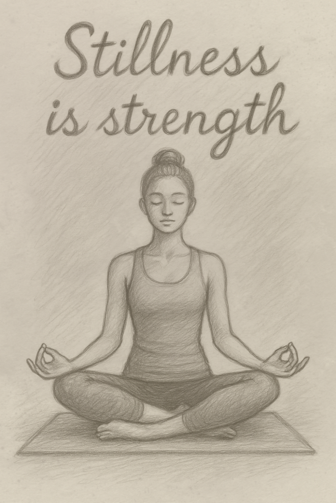Pencil drawing of a serene woman meditating cross-legged on a mat, hands in mudra, eyes closed. Above her, the words ‘Stillness is strength’ are delicately lettered — echoing the wisdom of yoga quotes Dubai Marina lifestyle promotes.