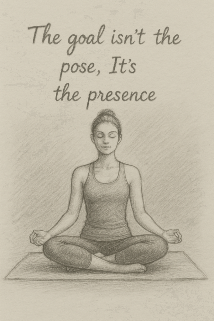 Soft pencil illustration of a butterfly above a lotus flower next to a stack of stones. The words ‘The goal isn’t the pose — it’s the presence’ are written below in gentle script, frequently seen in yoga quotes Dubai Marina students admire.