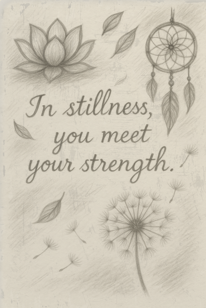 Whimsical pencil sketch of a lotus flower, dreamcatcher, floating leaves, and a dandelion blowing in the wind. Centered quote reads ‘In stillness, you meet your strength.’ — a core theme in yoga quotes Dubai Marina meditators revisit often.