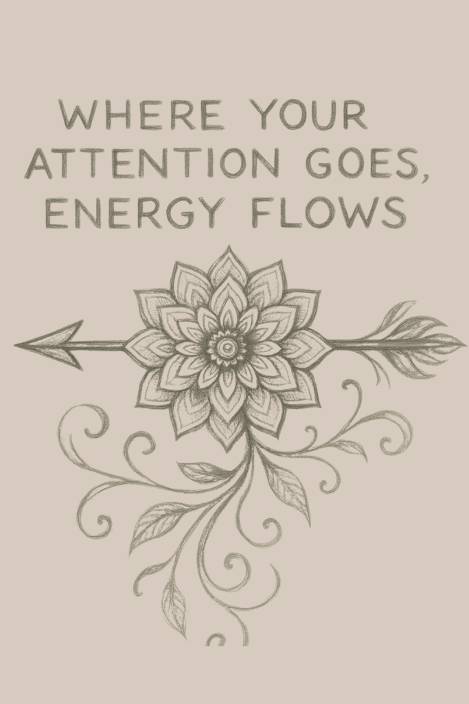 Intricate mandala flower sketched in pencil, pierced by an arrow with swirling vines flowing outward. The quote ‘Where your attention goes, energy flows’ appears above, symbolizing the energy behind yoga quotes Dubai Marina yogis believe in.