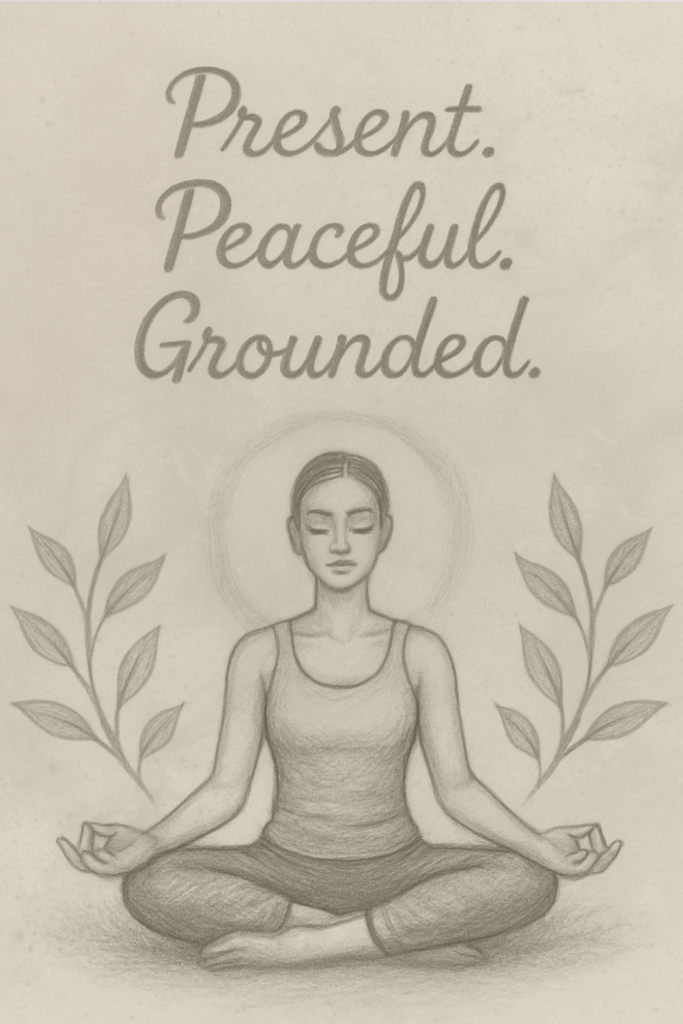Minimal pencil drawing of a woman meditating in lotus position, centered with her eyes closed and a glowing aura. Flanked by leafy branches, the quote ‘Present. Peaceful. Grounded.’ reflects yoga quotes Dubai Marina yogis use to stay centered.
