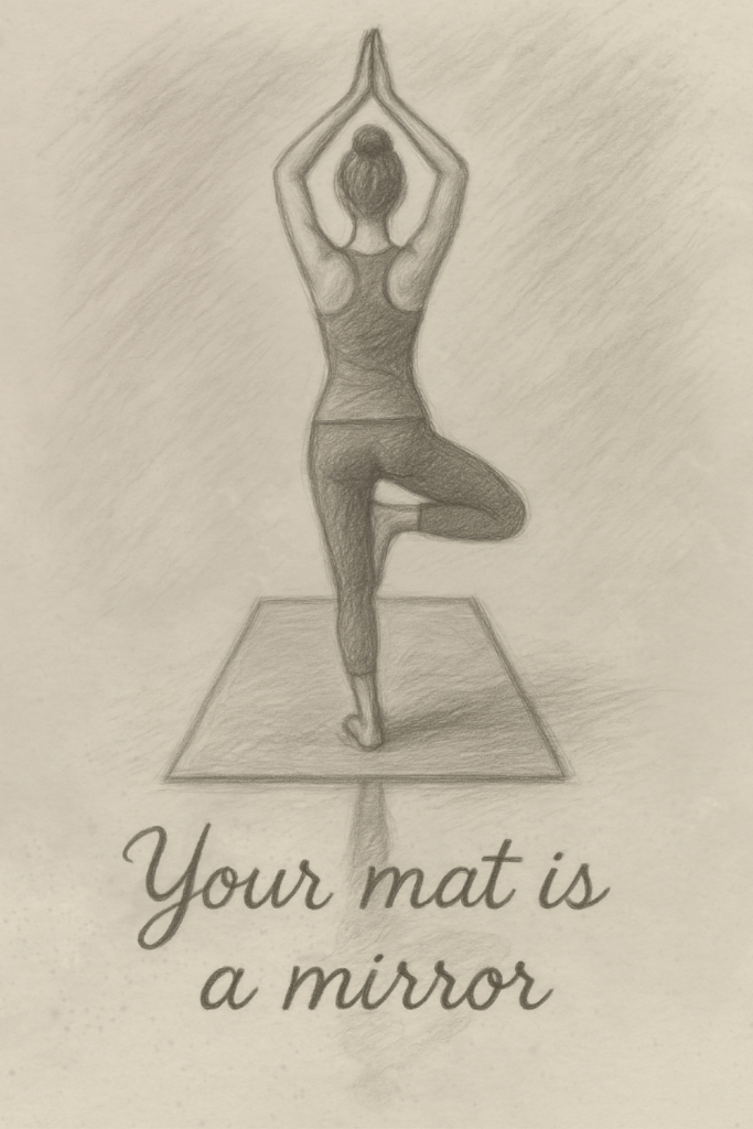 Sketch of a woman standing in tree pose on a yoga mat, with her reflection lightly shown beneath her. The quote ‘Your mat is a mirror’ appears below, one of many introspective yoga quotes Dubai Marina residents resonate with.