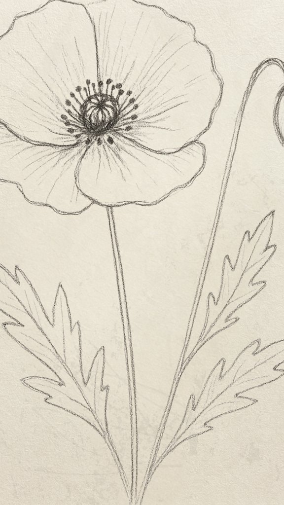 Free-flowing poppy flower sketch in pencil