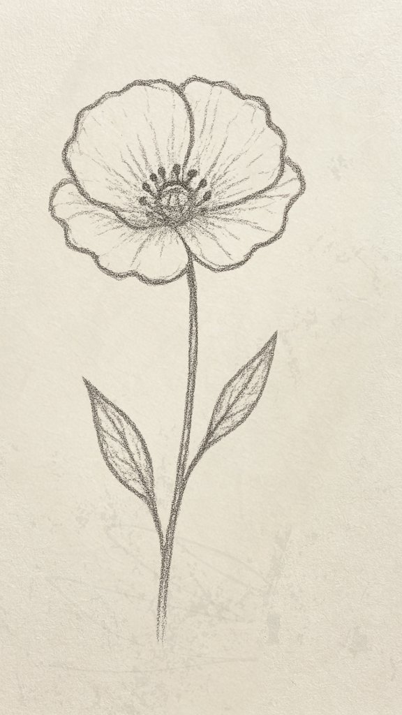 Free-flowing poppy flower sketch in pencil