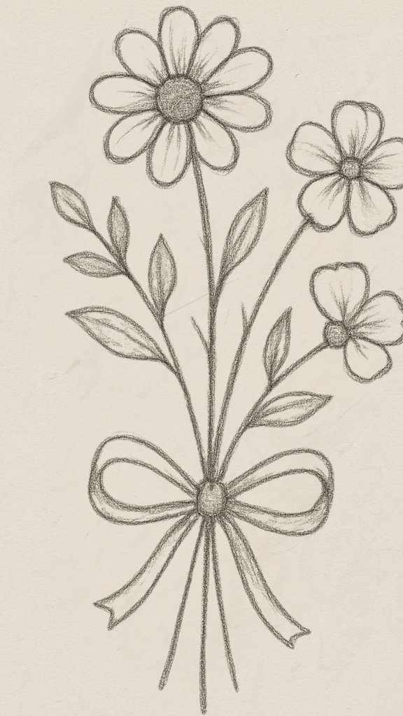 Cute pencil sketch of flower bouquet tied with ribbon